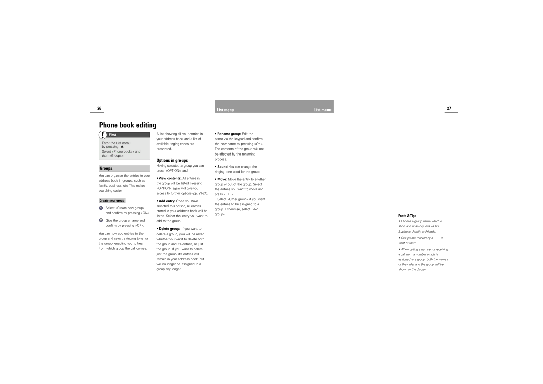 Siemens S42 manual Options in groups, Groups, Rename group Edit 