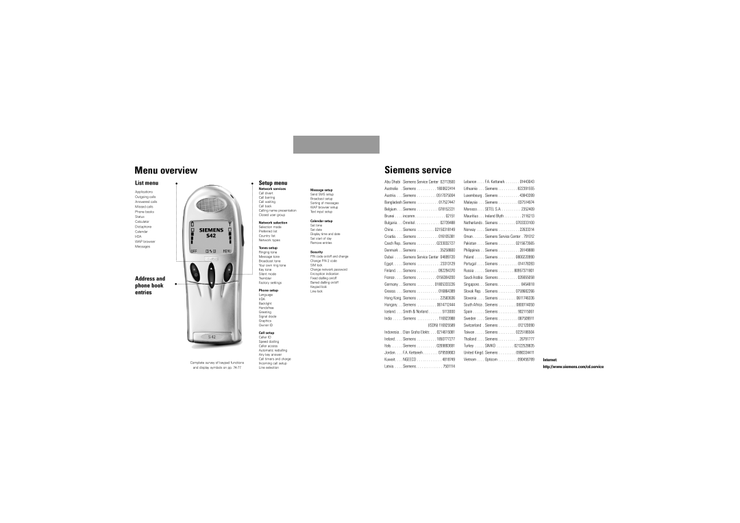 Siemens S42 manual Menu overview, Siemens service, List menu, Setup menu, Internet 