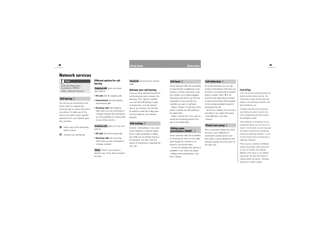 Siemens S42 manual Call barring, Different options for call barring, Activate your call barring, Call waiting, Call back 