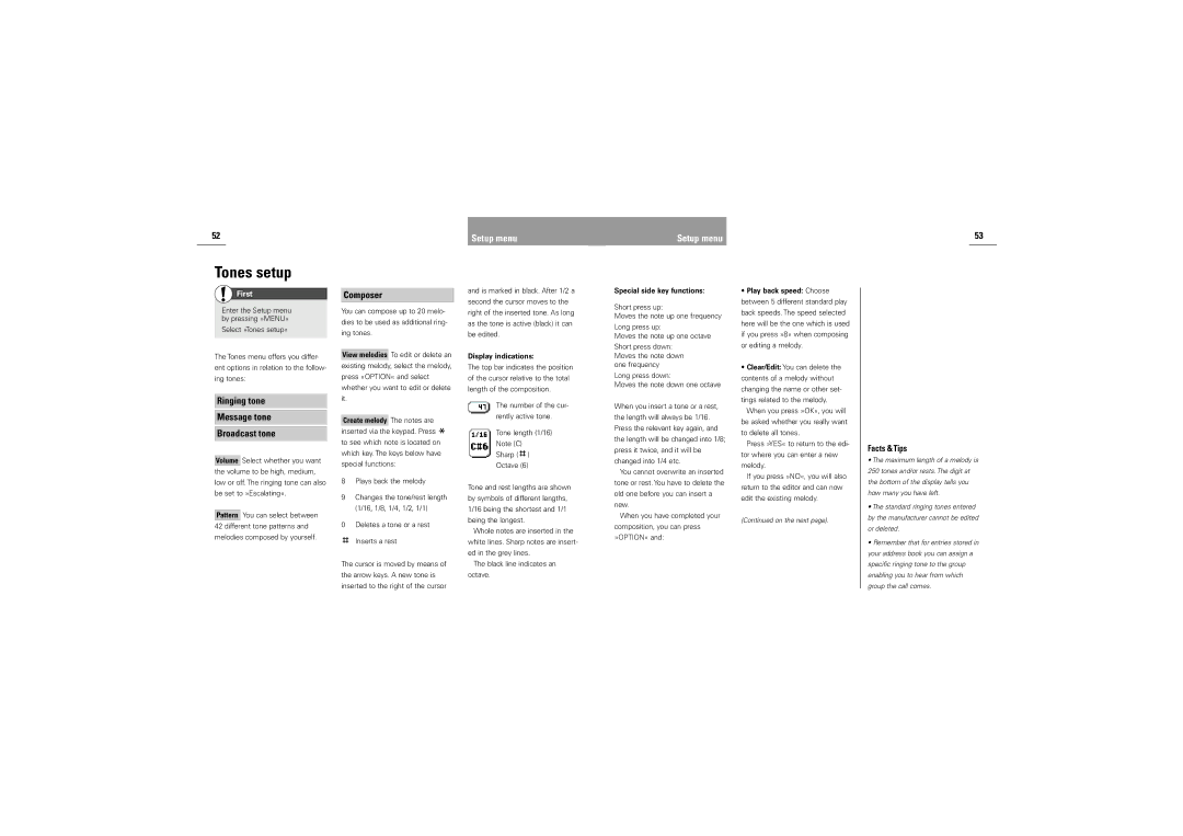 Siemens S42 manual Tones setup, Ringing tone Message tone Broadcast tone, Composer, Display indications 