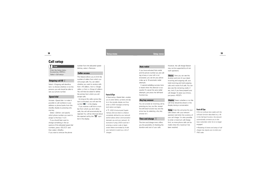 Siemens S42 manual Call setup 