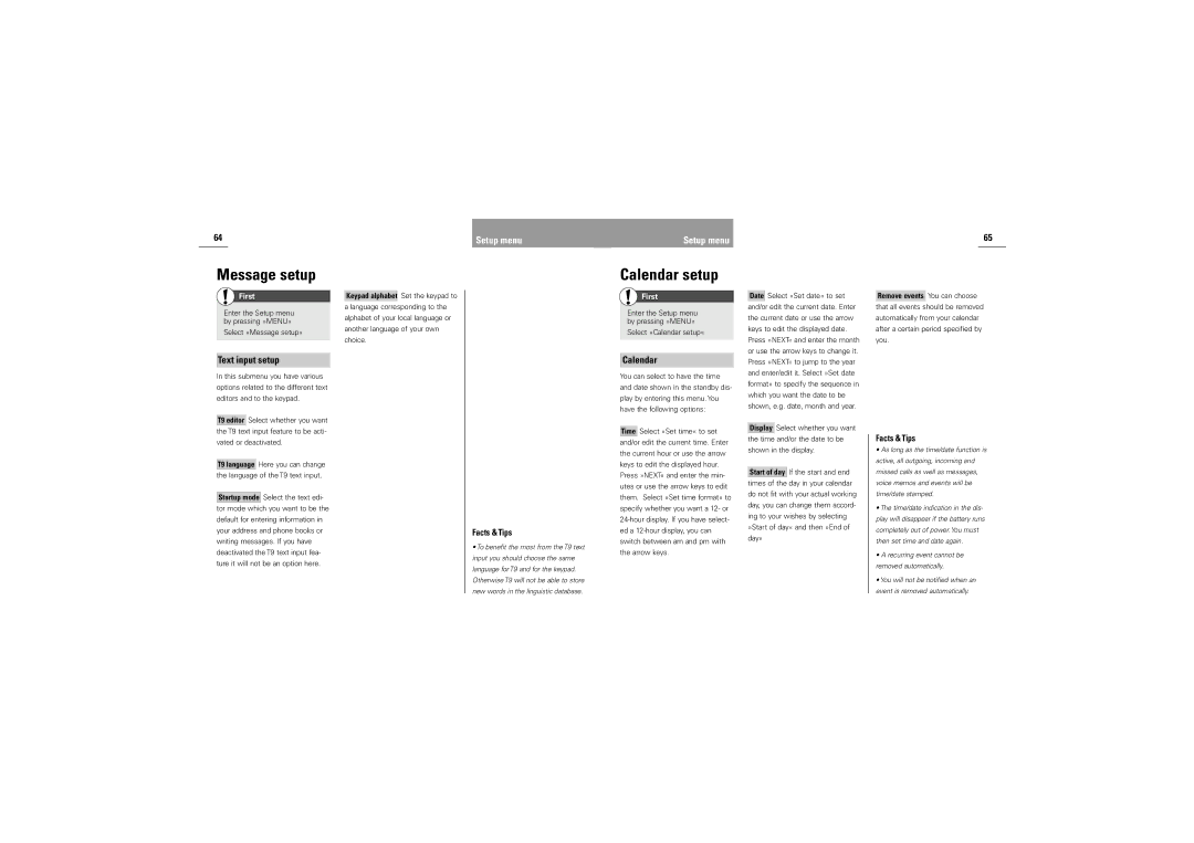 Siemens S42 manual Calendar setup, Text input setup 