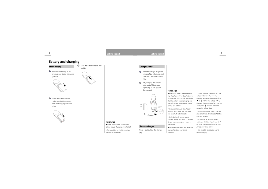 Siemens S42 manual Battery and charging, Insert battery, Charge battery, Remove charger 