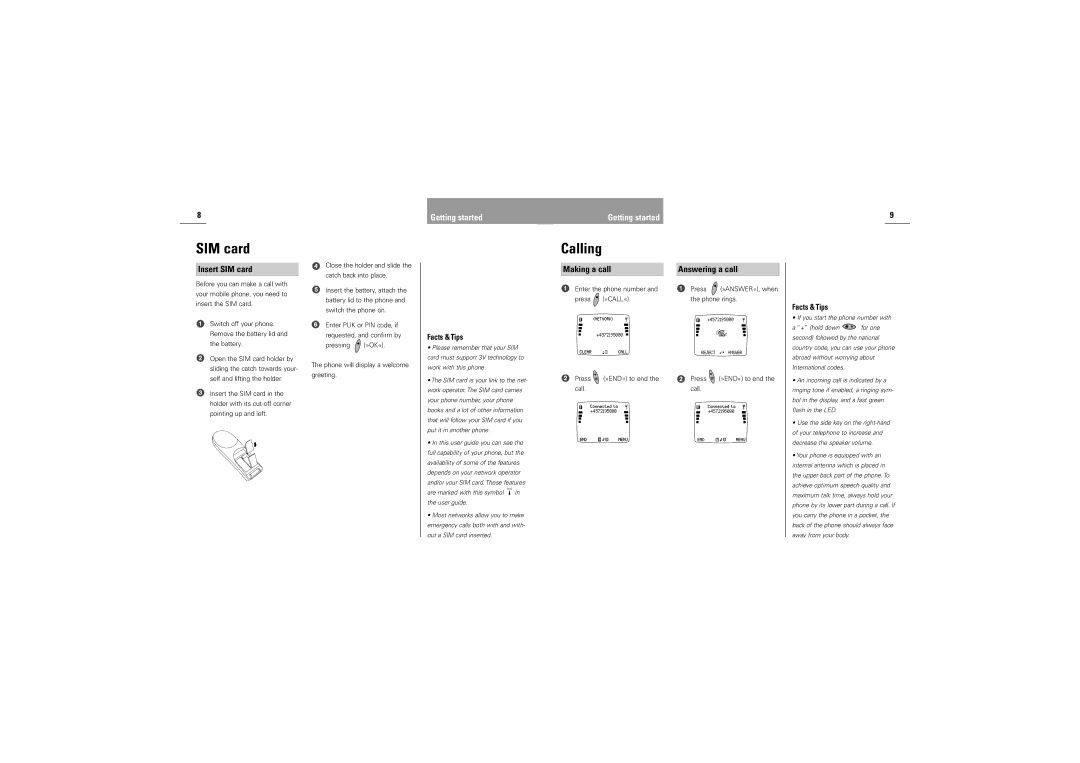 Siemens S42 manual Calling, Insert SIM card, Making a call 