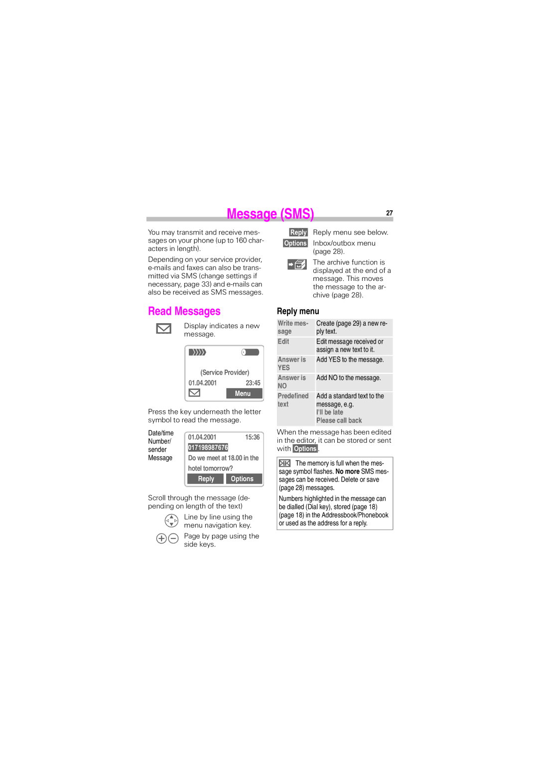 Siemens S45 manual Message SMS, Read Messages, Reply menu, Reply Options 