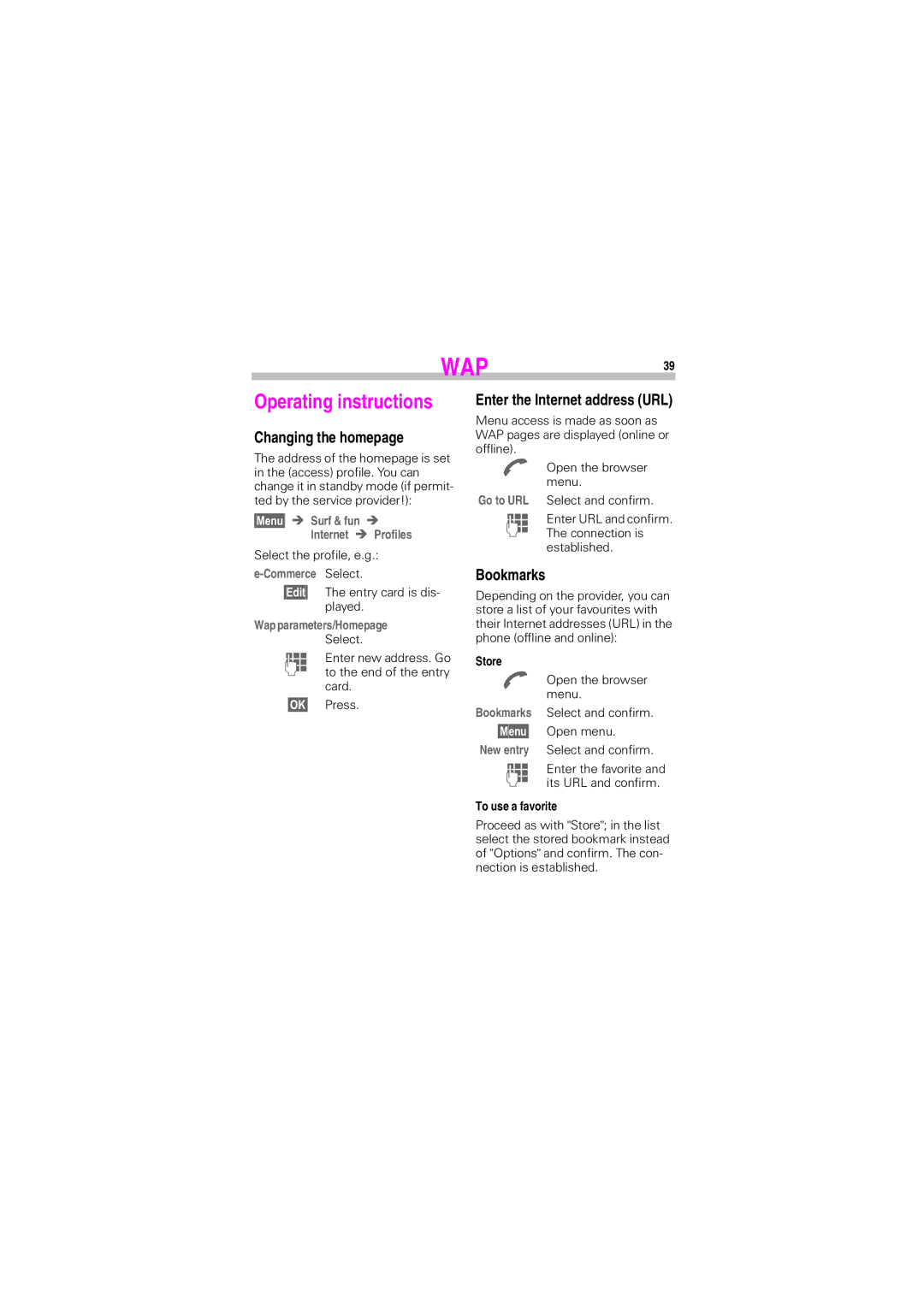 Siemens S45 manual Operating instructions, Changing the homepage, Bookmarks, Commerce 6HOHFW, Wap parameters/Homepage 