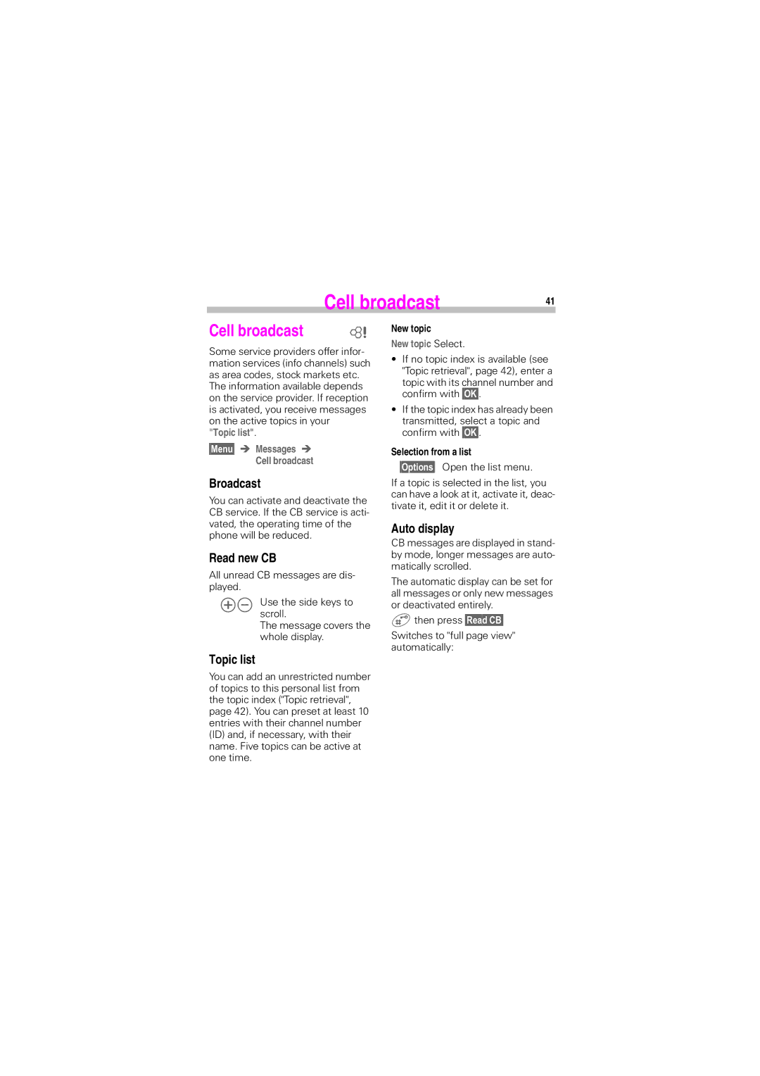 Siemens S45 manual Cell broadcast 