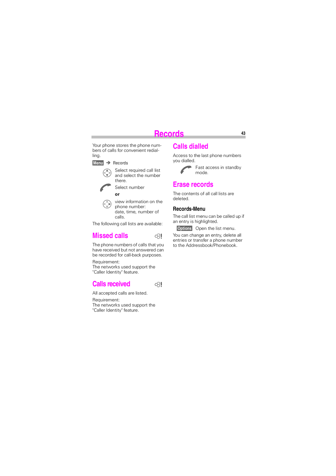 Siemens S45 manual Records43, Missed calls, Calls received, Calls dialled, Erase records 