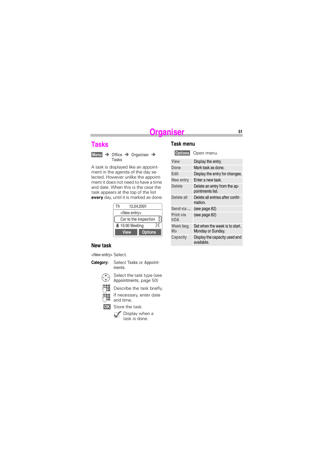 Siemens S45 manual Organiser51, Tasks, New task, Task menu 