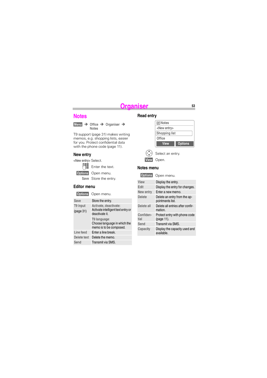 Siemens S45 manual Organiser53, New entry, Editor menu, Read entry 