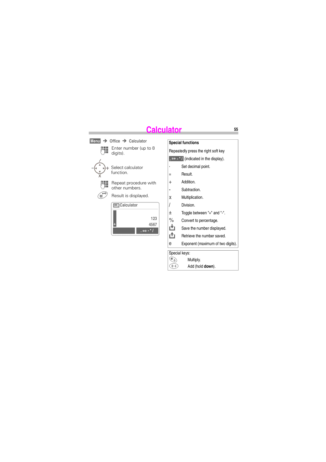 Siemens S45 manual Calculator55, G0HQXg Î Office Î Calculator, 6HOHFWFDOFXODWRU IXQFWLRQ 5HSHDWSURFHGXUHZLWK 