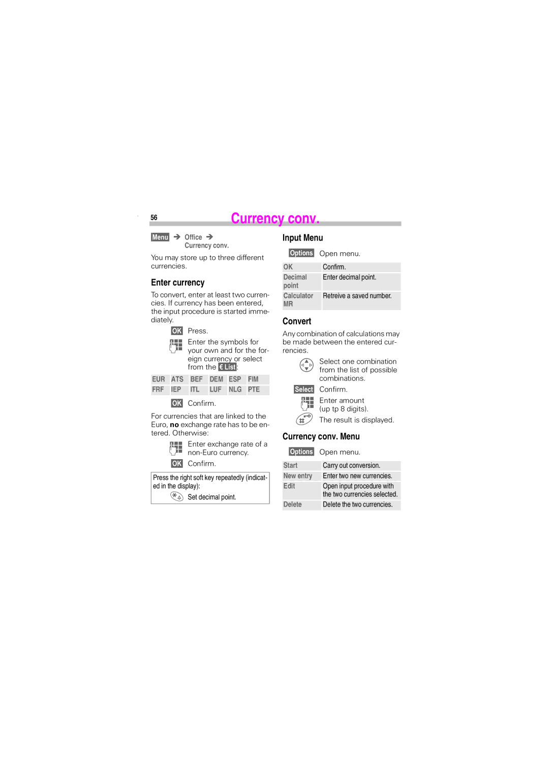 Siemens S45 manual Enter currency, Input Menu, Convert, Currency conv. Menu 