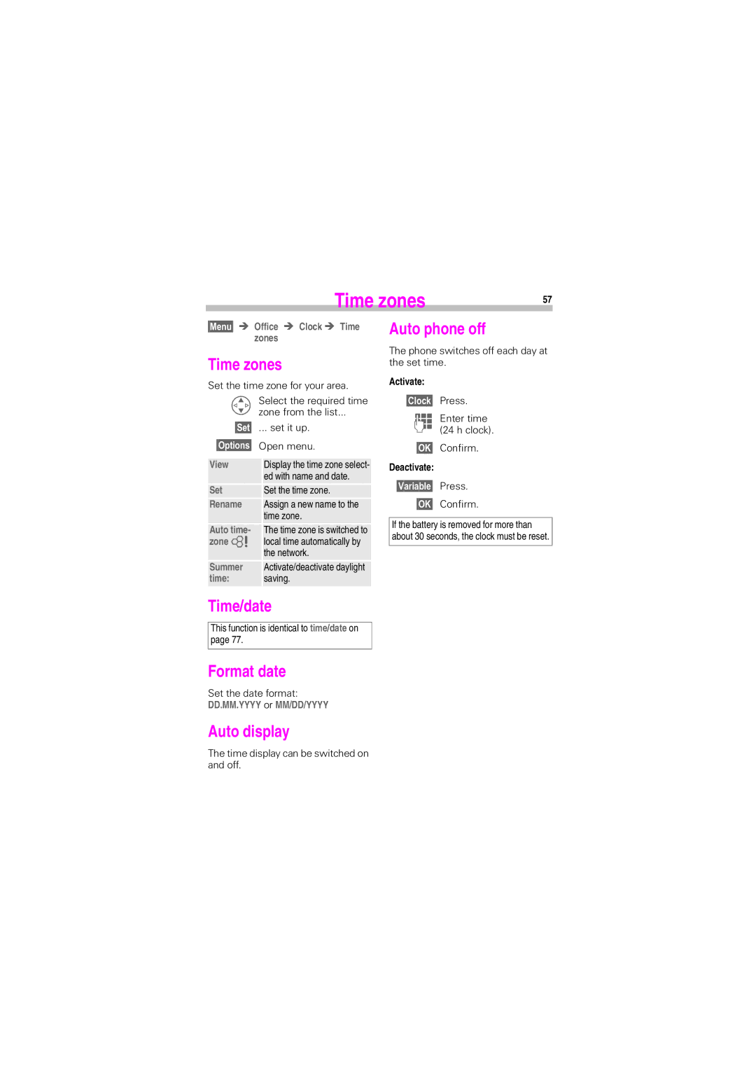 Siemens S45 manual Time zones 