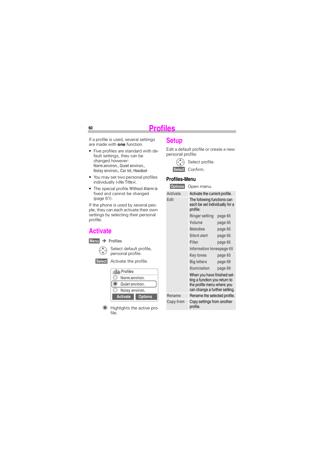 Siemens S45 manual Profiles-Menu, Activate Options 