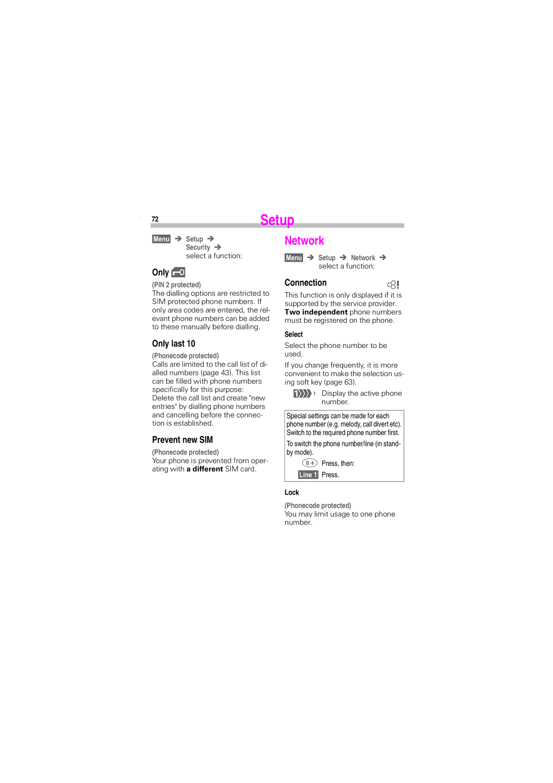 Siemens S45 manual Network, Connection, Only last, Prevent new SIM 