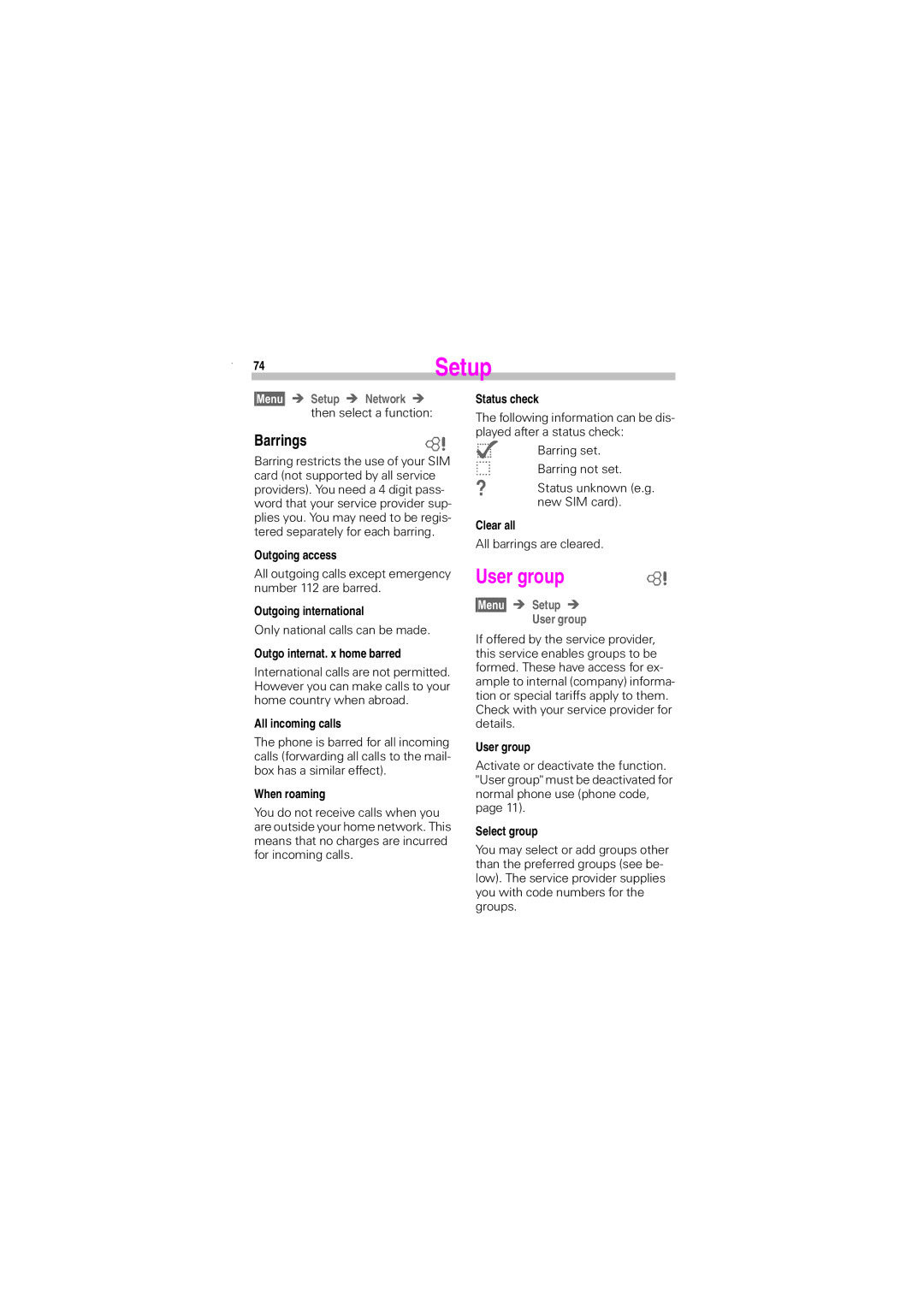 Siemens S45 manual BarringsU, User group 