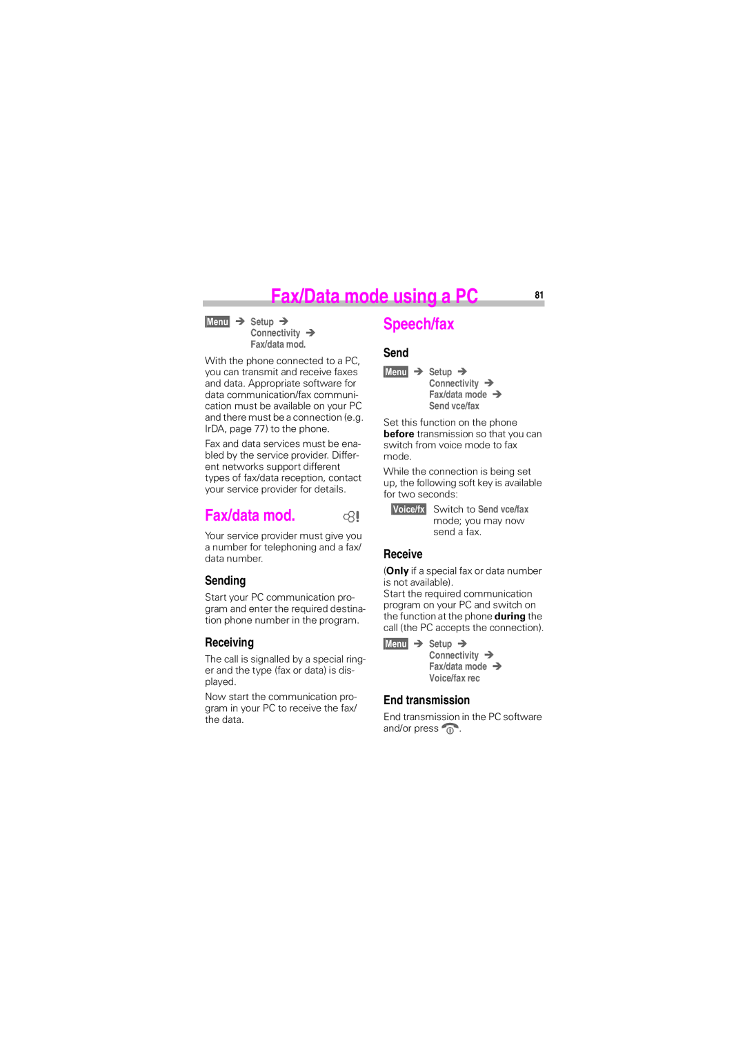 Siemens S45 manual Fax/data mod, Speech/fax 