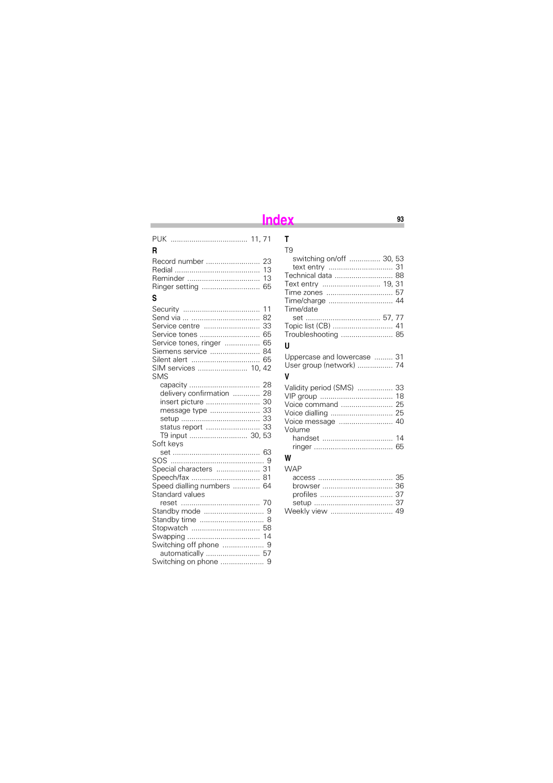 Siemens S45 manual Index93, 6WDQGDUGYDOXHV, 7LPHGDWH, 9ROXPH, 8SSHUFDVHDQGORZHUFDVH  