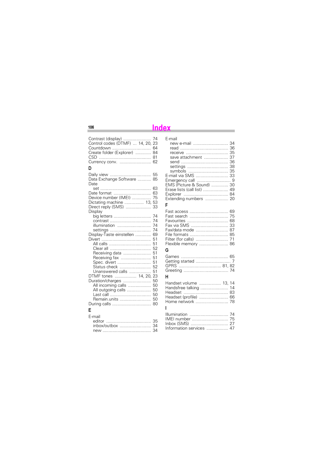 Siemens S45i manual 106Index 