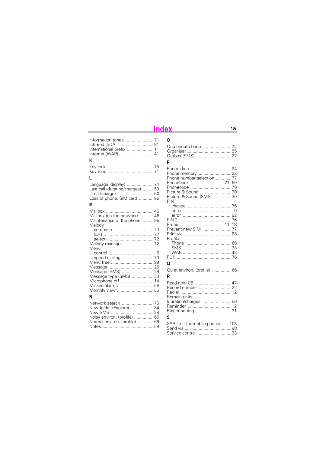 Siemens S45i manual Index107, Phonebook, Prefix, Remain.units, 103 