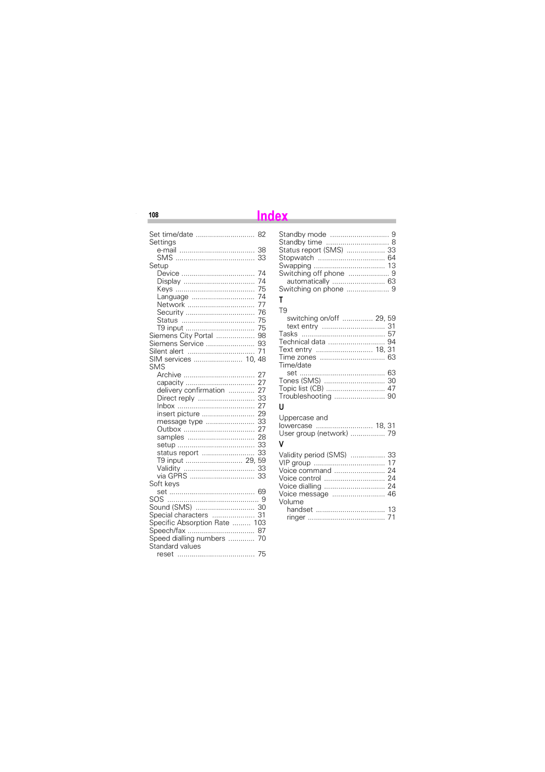 Siemens S45i manual 108Index 