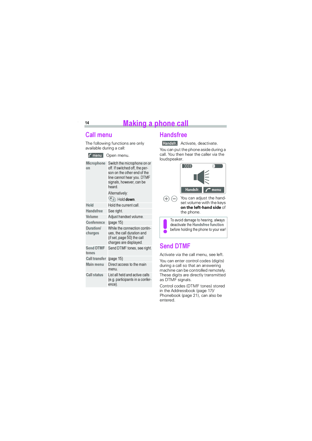 Siemens S45i manual Call menu, Handsfree, Send Dtmf, Handsfr. a menu 