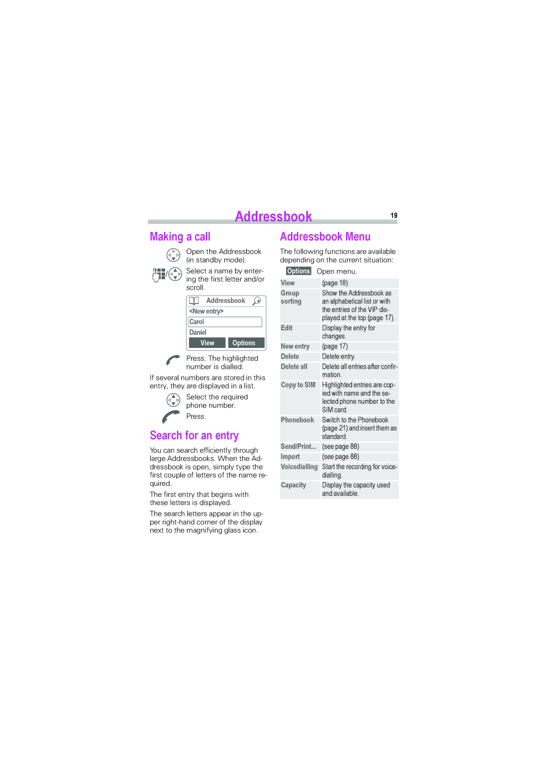 Siemens S45i manual Addressbook19, Making a call, Search for an entry, Addressbook Menu, View Options 