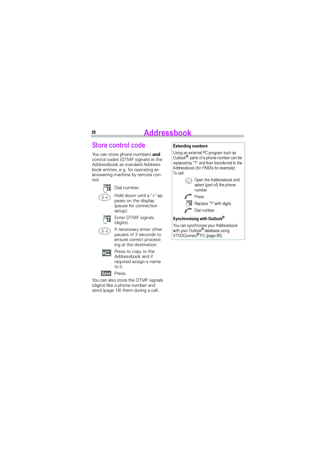 Siemens S45i manual 20Addressbook, Store control code, §Save§ Press, Extending numbers, Synchronising with Outlook 