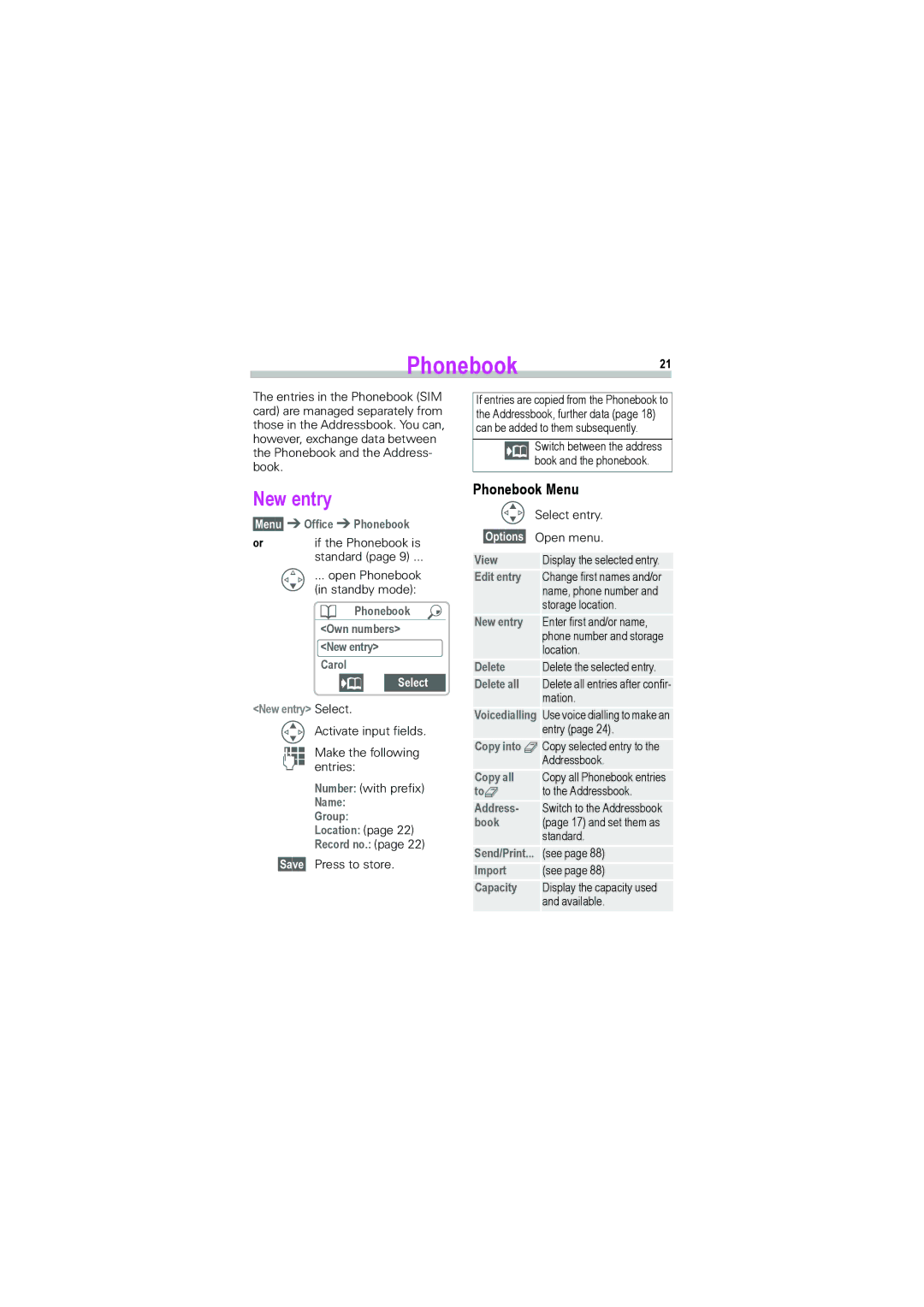 Siemens S45i manual Phonebook21, Phonebook Menu, Carolº Select New entry Select 