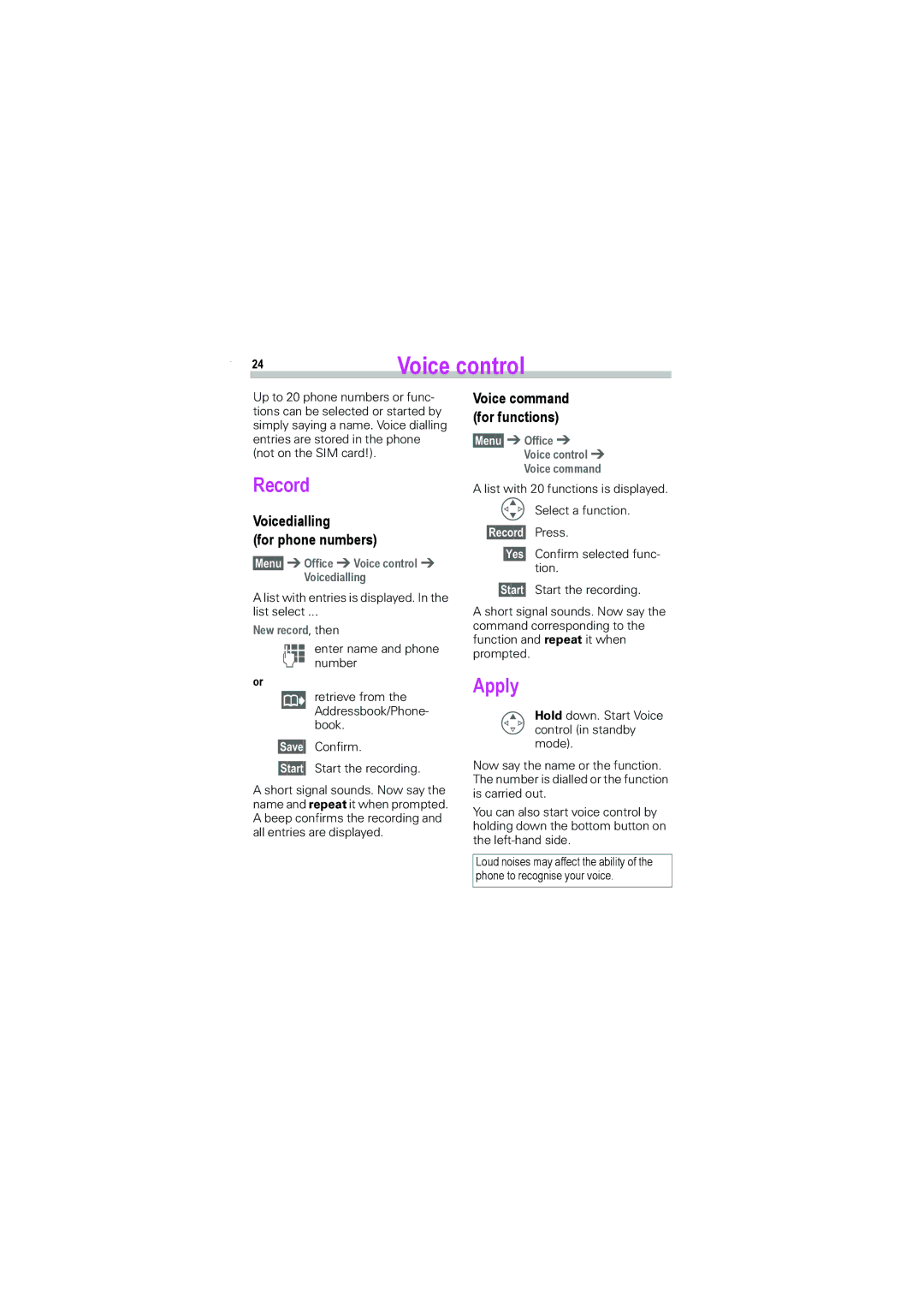 Siemens S45i manual Voice control, Record, Apply, Voicedialling For phone numbers, Voice command for functions 