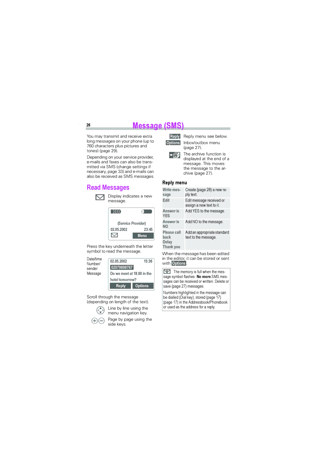 Siemens S45i manual Message SMS, Read Messages, Reply menu, Menu, Reply Options 