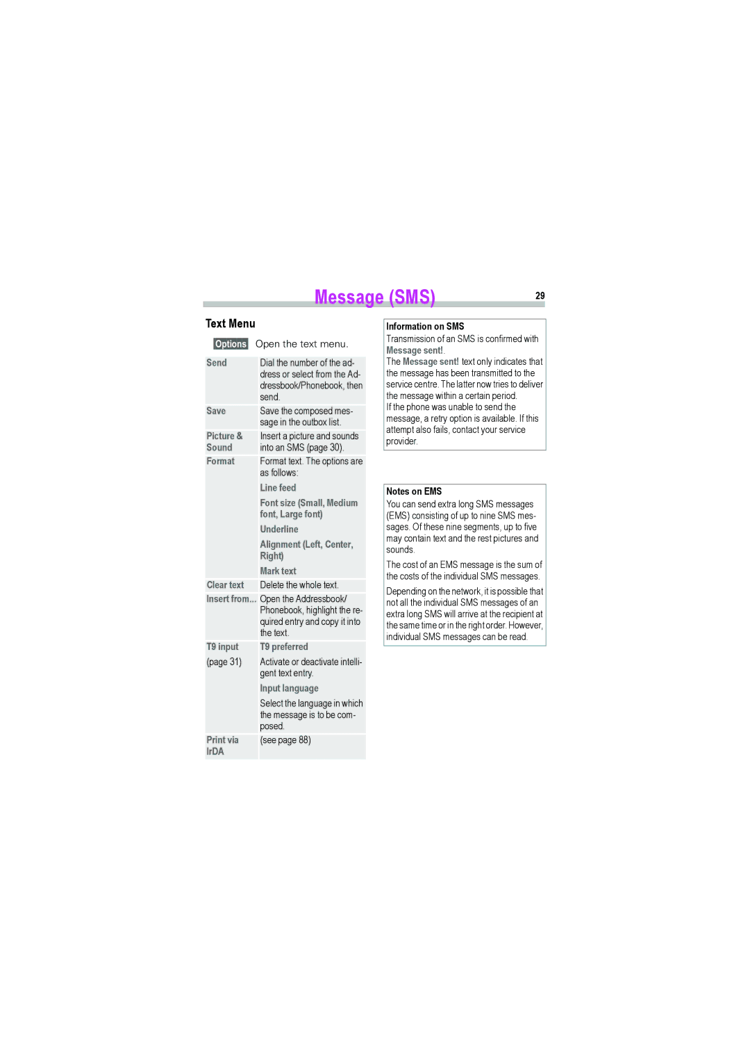 Siemens S45i manual Text Menu 