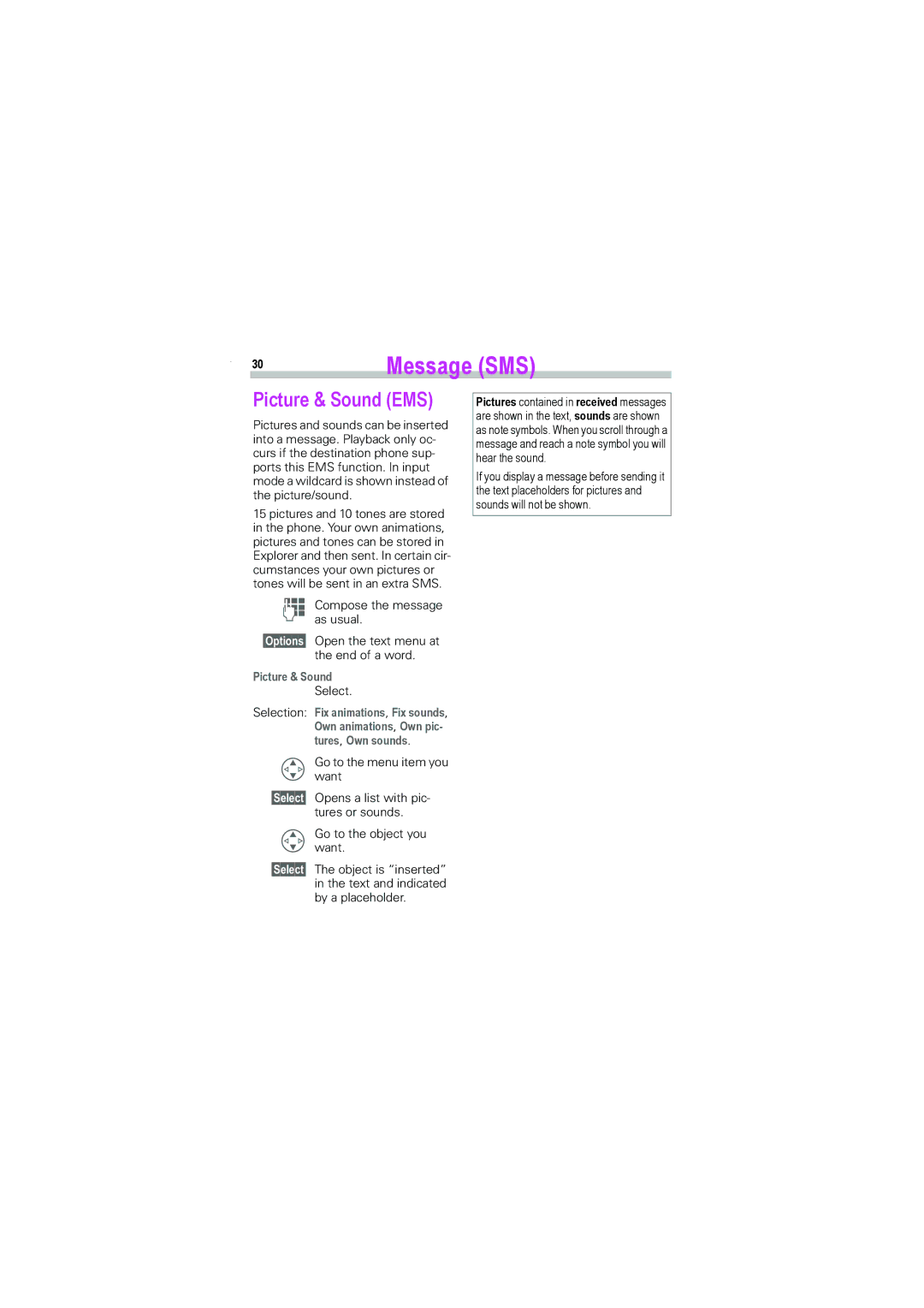 Siemens S45i manual Picture & Sound EMS, End of a word, Select, Text and indicated by a placeholder 