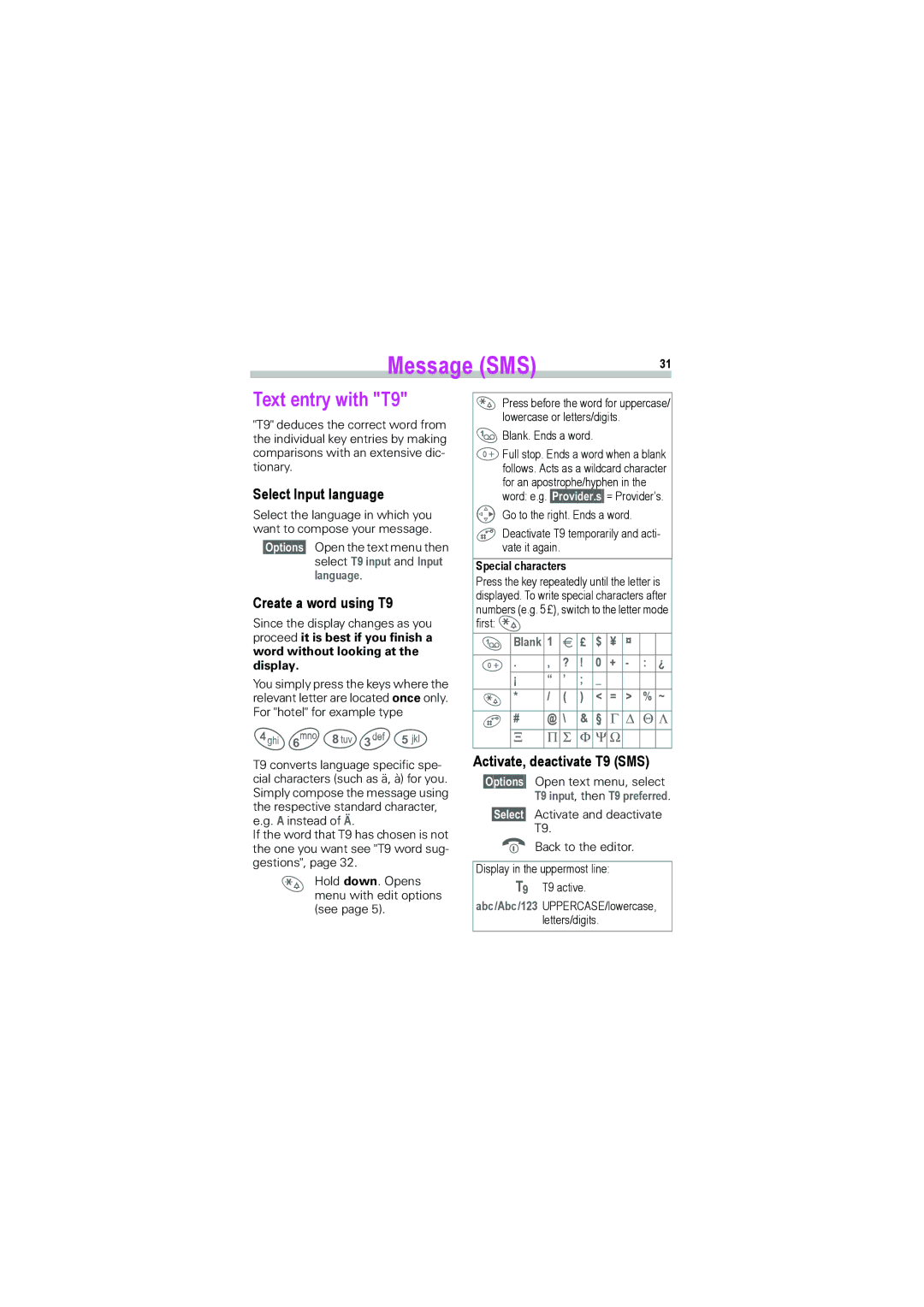 Siemens S45i manual Text entry with T9, Select Input language, Create a word using T9, Activate, deactivate T9 SMS 