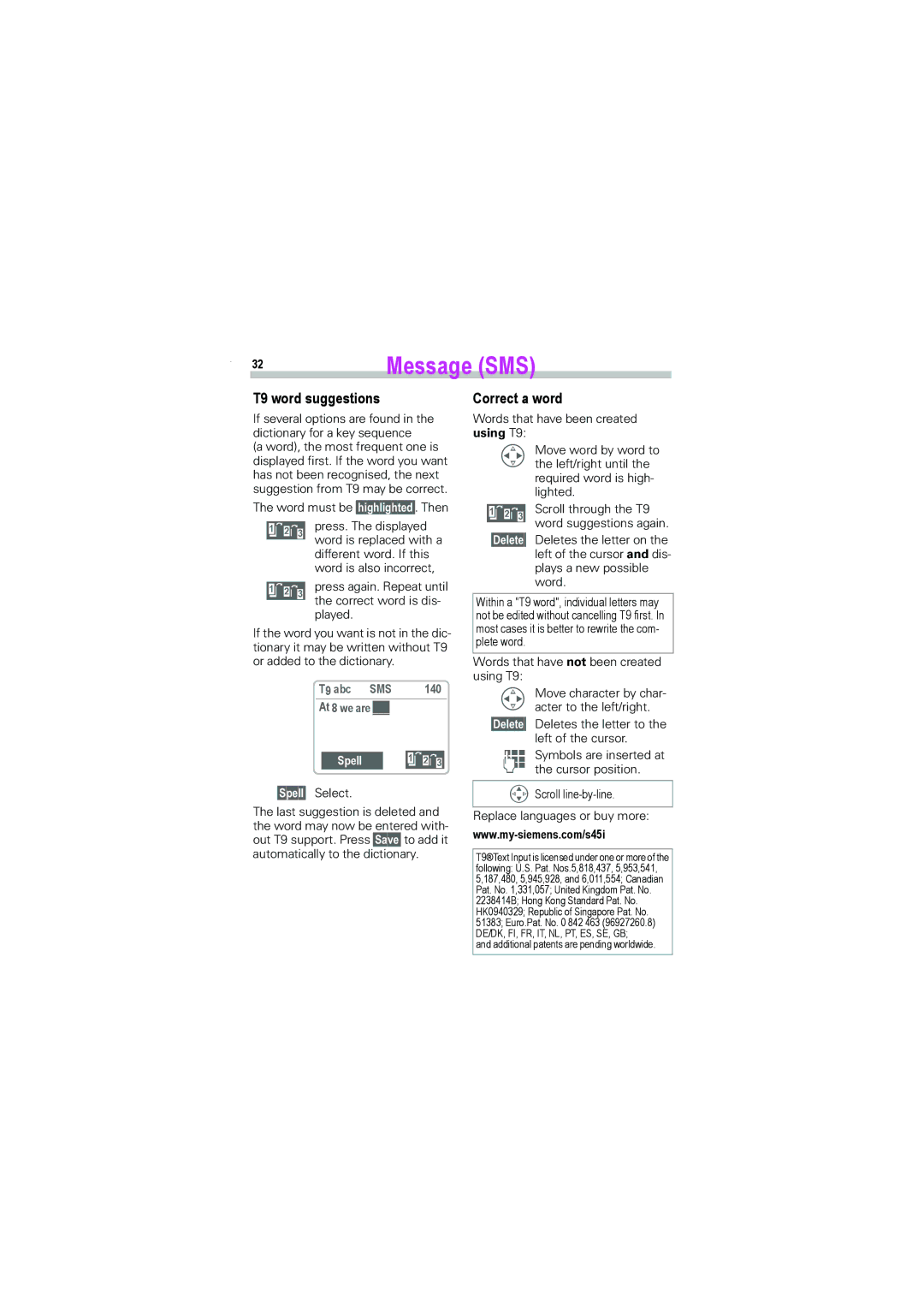 Siemens S45i manual T9 word suggestions, Correct a word, T9 abc SMS 140 At 8 we are, §Spell§ Select 