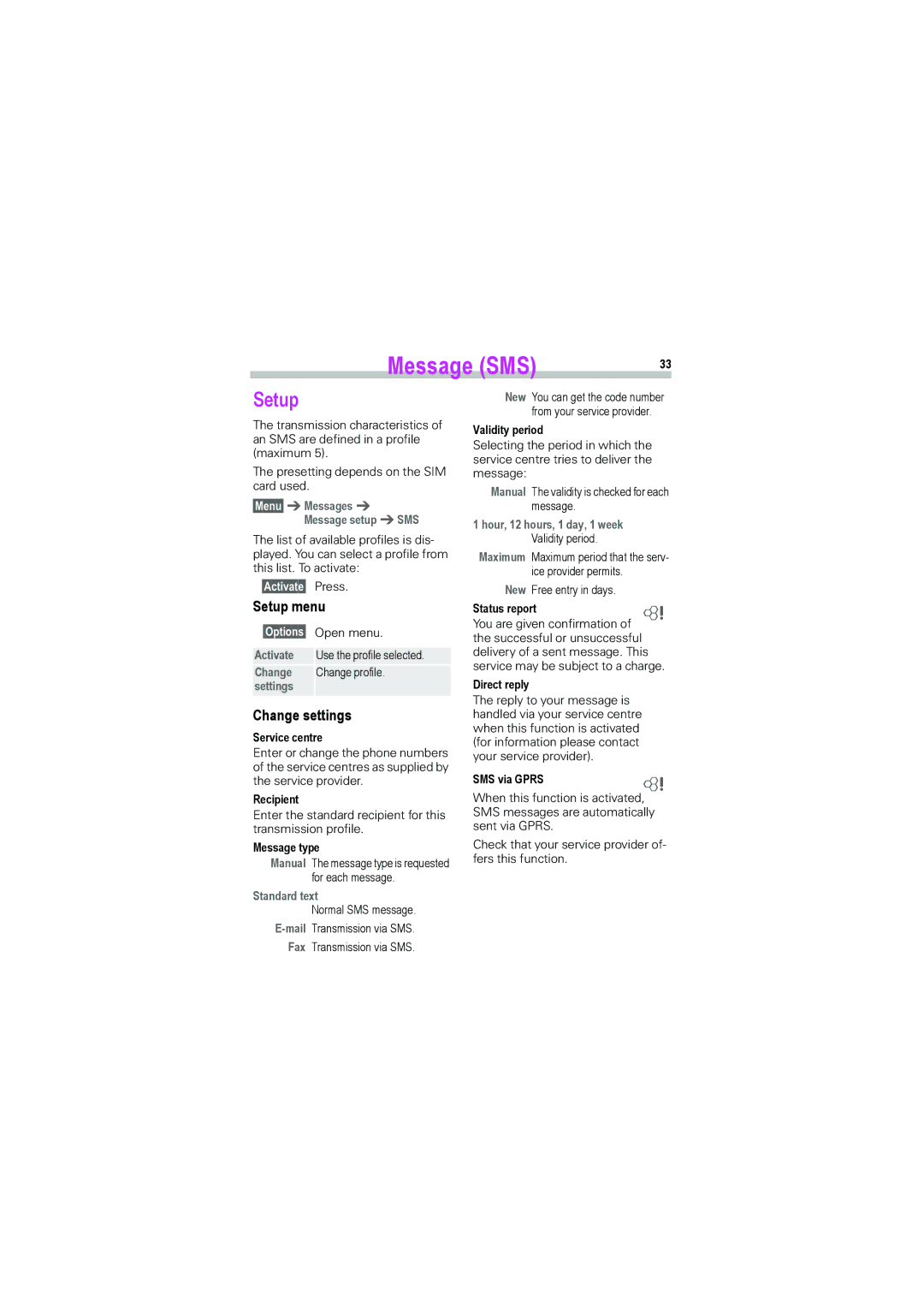 Siemens S45i manual Setup menu, Change settings 