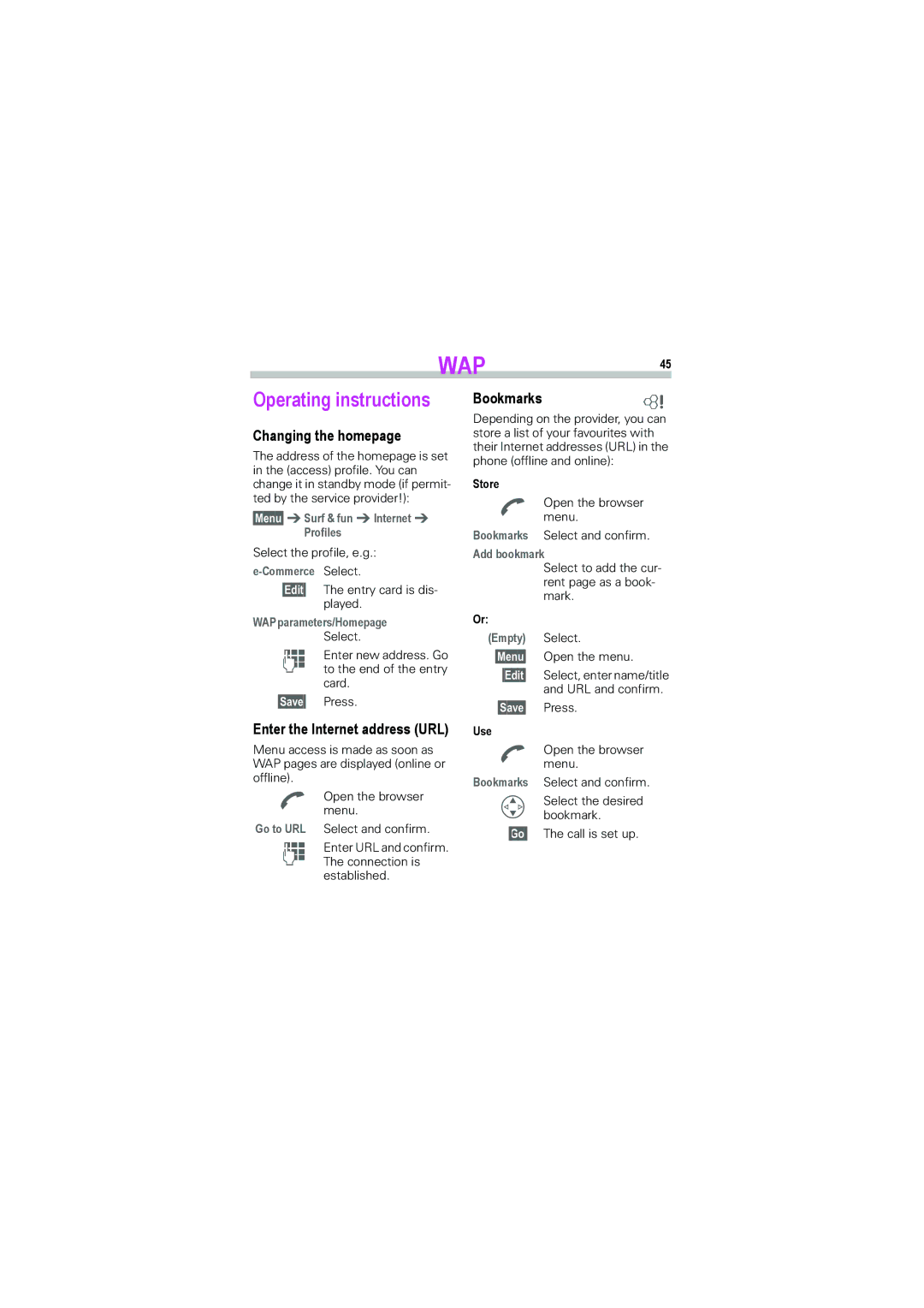 Siemens S45i manual Operating instructions, Changing the homepage, Enter the Internet address URL, Bookmarks~ 