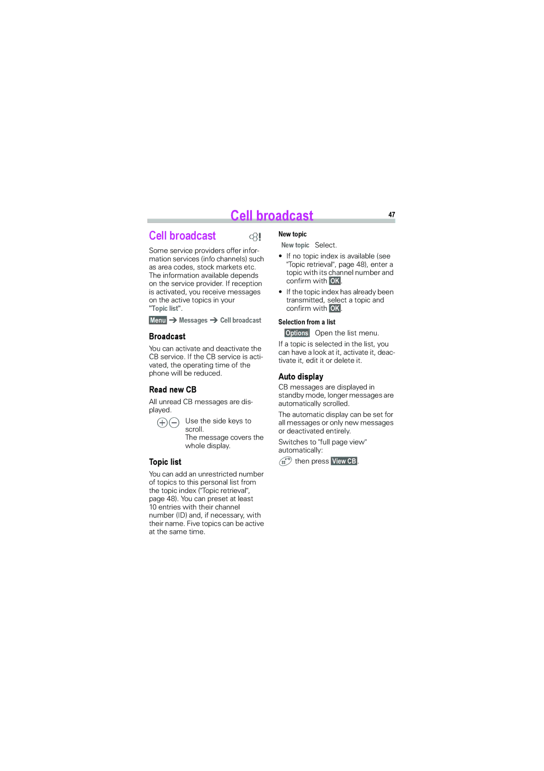 Siemens S45i manual Cell broadcast 