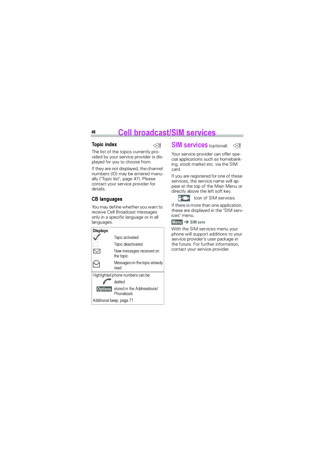 Siemens S45i manual Cell broadcast/SIM services, ~ SIM services optional ~, CB languages, Displays, §Menu§fSIM serv 