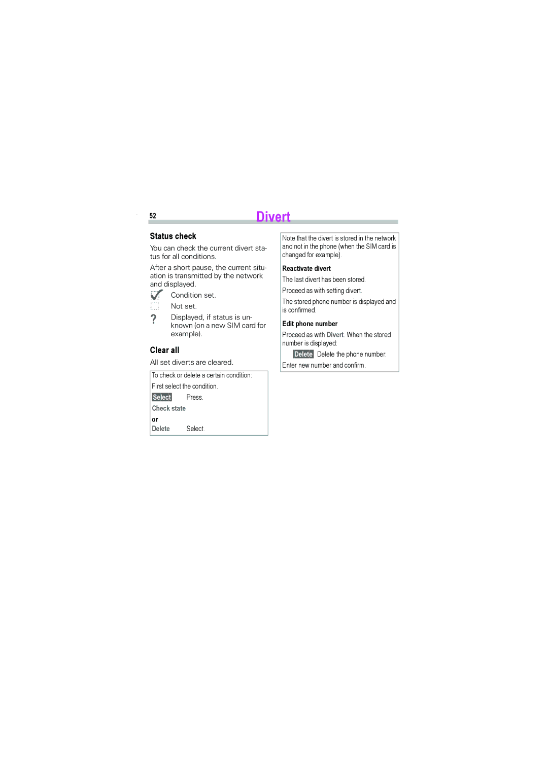 Siemens S45i manual 52Divert, Status check, Clear all, §Select§ Press Check state or Delete Select 