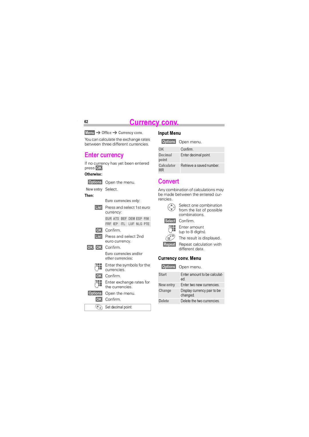 Siemens S45i manual Enter currency, Convert, Input Menu, Currency conv. Menu 