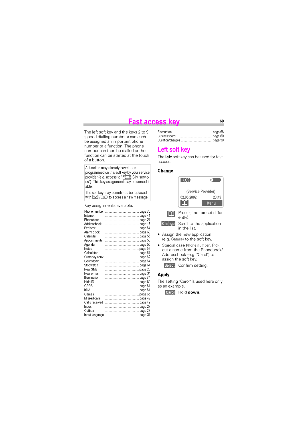 Siemens S45i manual Fast access key, Left soft key, Change, Apply 