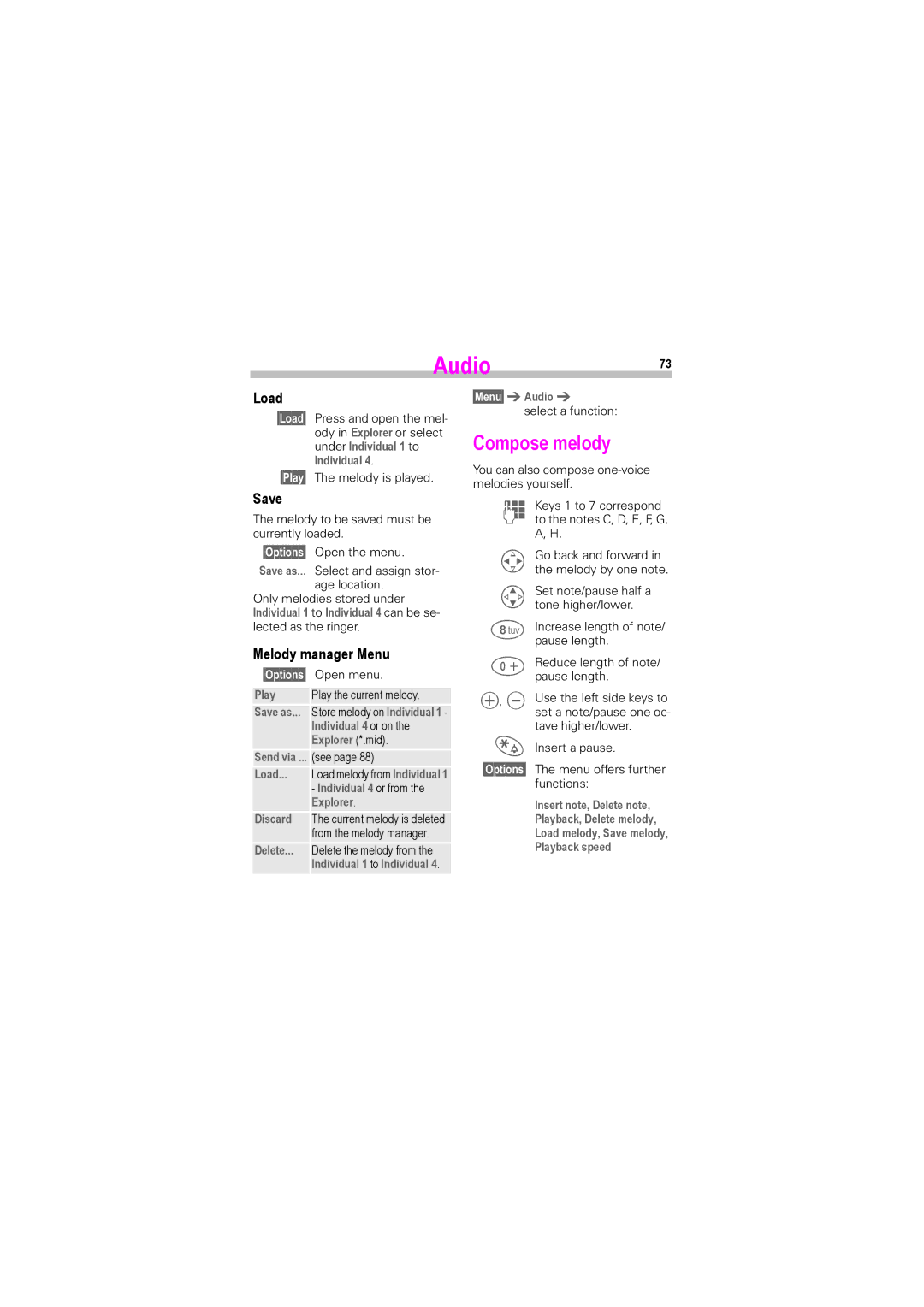 Siemens S45i manual Audio73, Compose melody, Load, Save, Melody manager Menu 