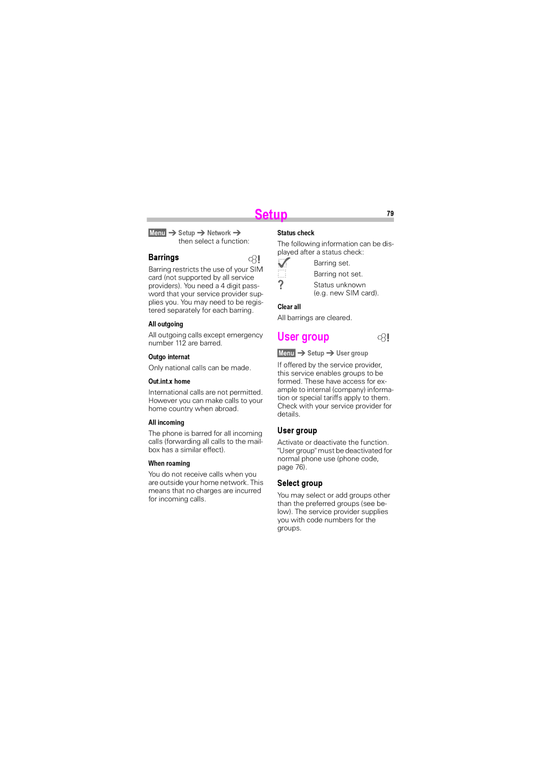 Siemens S45i manual Setup79, User group, Barrings~, Select group 