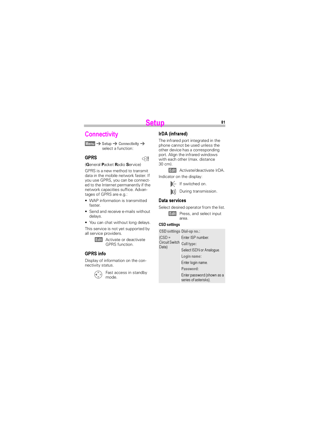 Siemens S45i manual Setup81, Connectivity, Gprs info, IrDA infrared, Data services 