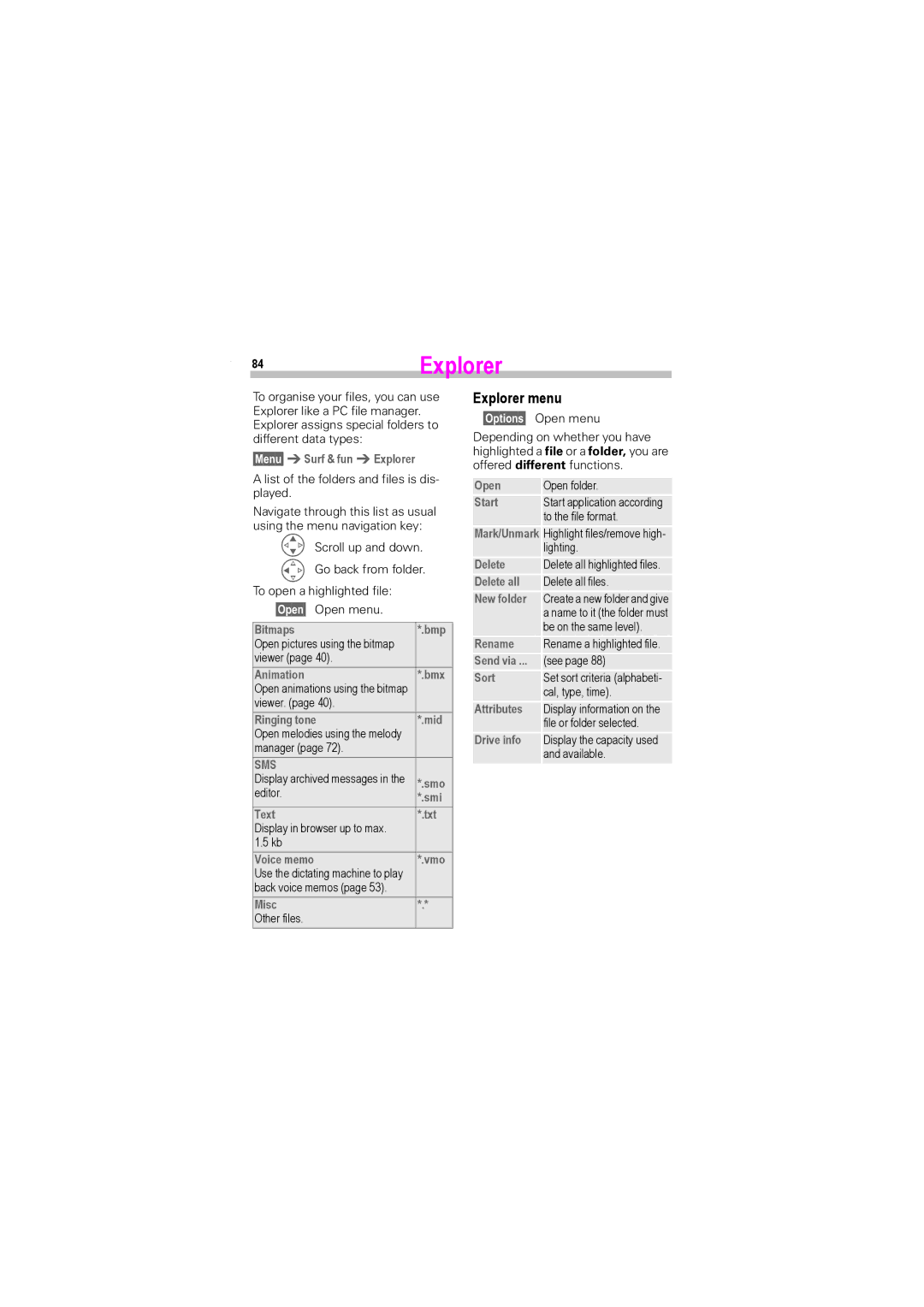 Siemens S45i manual 84Explorer, Explorer menu 