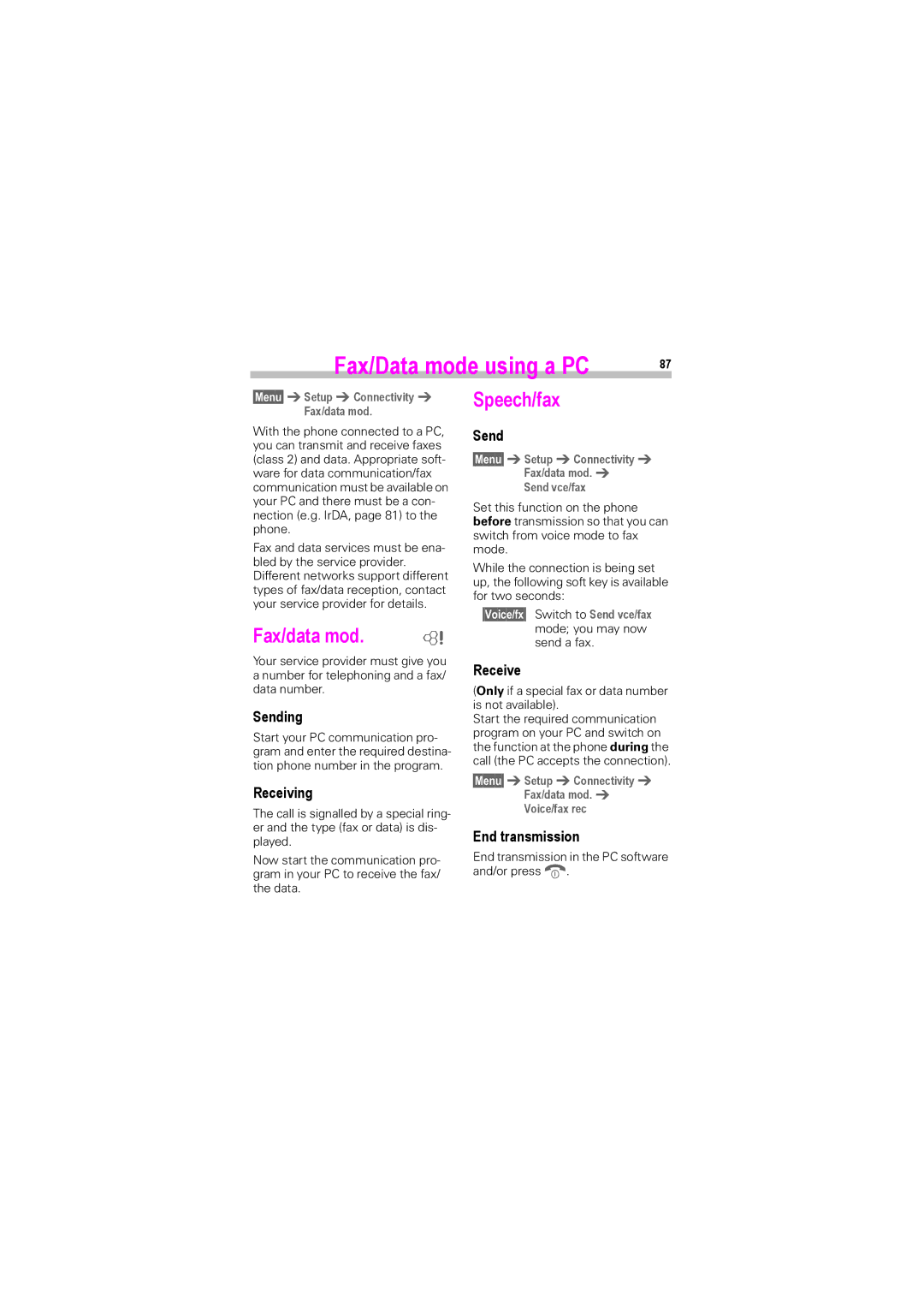 Siemens S45i manual Fax/Data mode using a PC, Fax/data mod, Speech/fax 