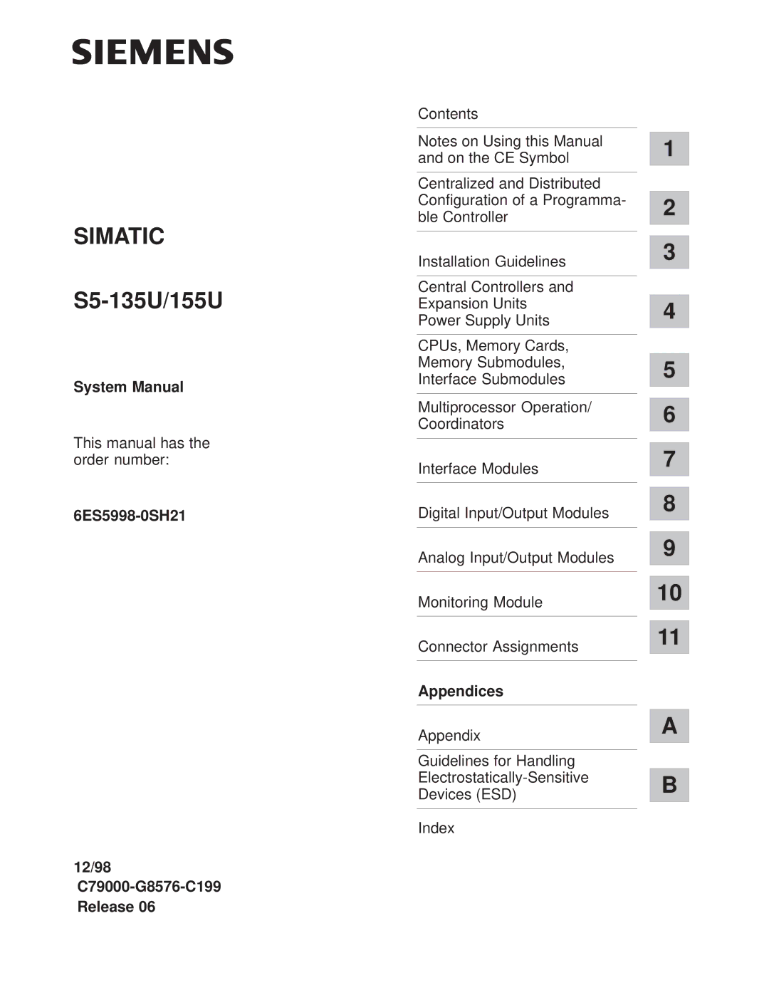 Siemens S5-135U/155U appendix System Manual, 6ES5998-0SH21 12/98 C79000-G8576-C199 Release, Appendices 