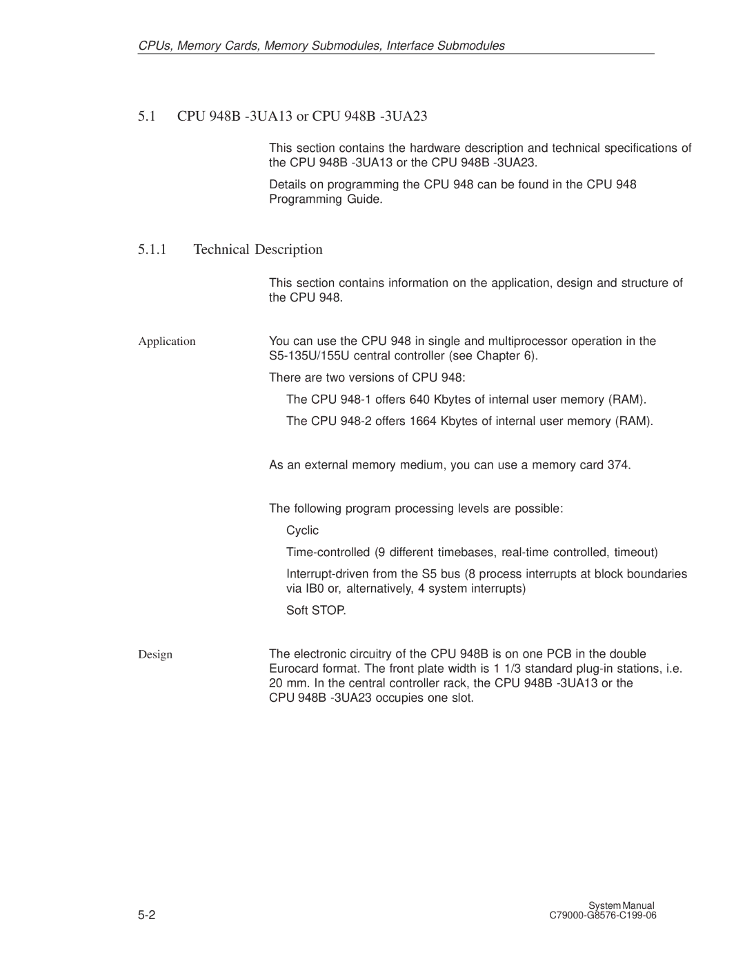 Siemens S5-135U/155U appendix CPU 948B -3UA13 or CPU 948B -3UA23, Design 