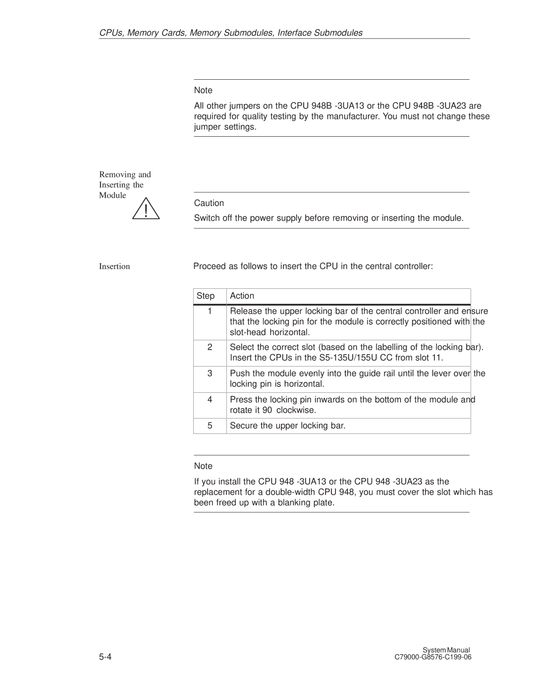 Siemens S5-135U/155U appendix Removing Inserting Module Insertion, Step Action 
